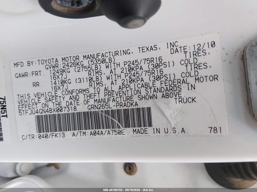 2011 Toyota Tacoma VIN 5TFJU4GN4BX007318 IAAI salvage auction — NORMAL WEAR, Original (Texas), sold $8,000 on 2026-07-13 (photo 9)