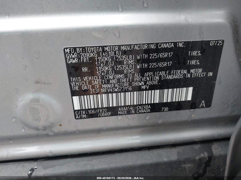 2025 Toyota Rav 4 VIN 2T3F1RFV4SW573156 IAAI salvage auction — LEFT FRONT, Salvage (Ohio), sold $8,300 on 2026-07-19 (photo 9)