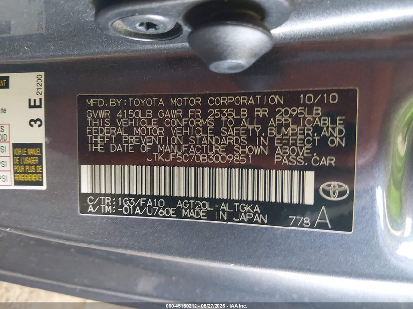 2011 Scion Tc VIN JTKJF5C70B3009851 IAAI salvage auction — RIGHT SIDE, Salvage (Arizona), sold $1,075 on 2026-07-14 (photo 9)