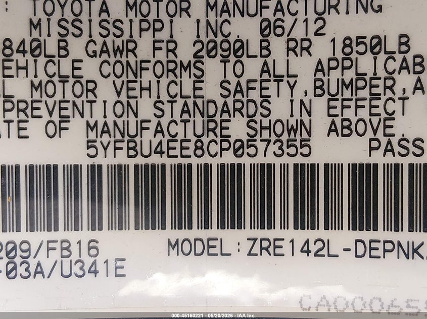2012 Toyota Corolla VIN 5YFBU4EE8CP057355 IAAI salvage auction — HAIL, Salvage (Kansas), sold $275 on 2026-07-29 (photo 9)