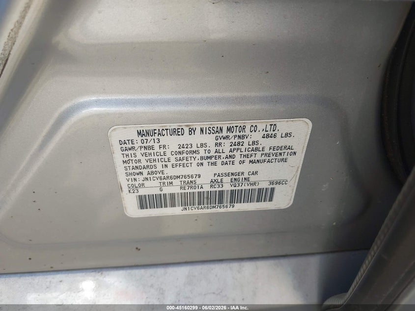 2013 Infiniti G VIN JN1CV6AR6DM765679 IAAI salvage auction — FRONT END, Salvage - 75% Or Less (Maryland), sold $1,200 on 2026-07-08 (photo 9)