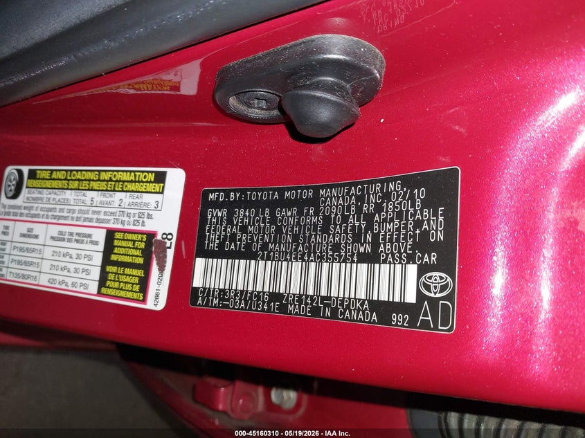 2010 Toyota Corolla VIN 2T1BU4EE4AC355754 IAAI salvage auction — RIGHT SIDE, Salvage (Oregon), sold $1,600 on 2026-07-09 (photo 9)