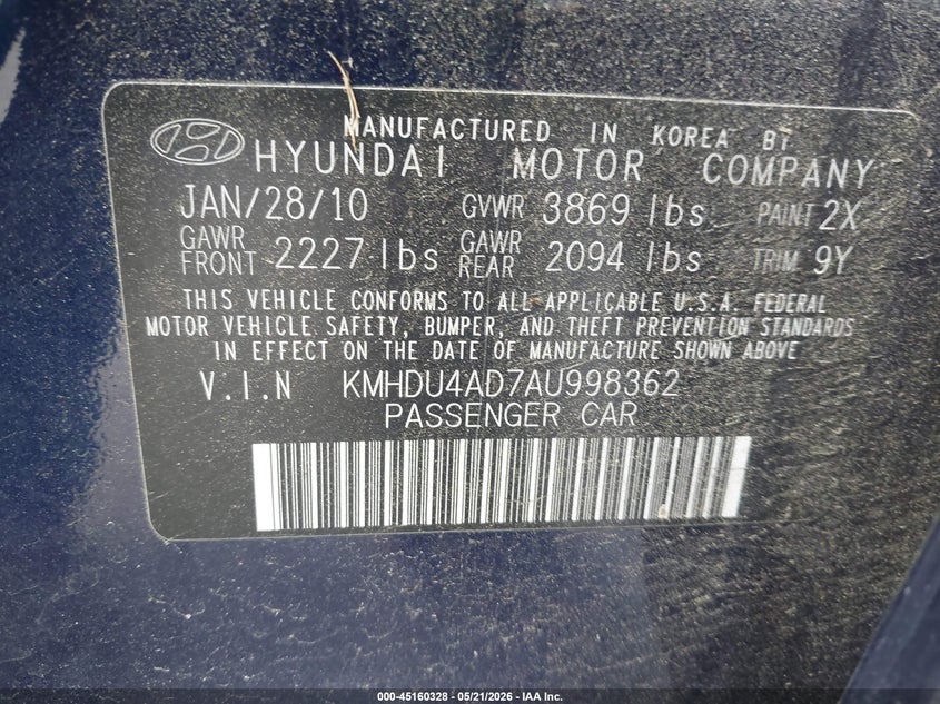 2010 Hyundai Elantra VIN KMHDU4AD7AU998362 IAAI salvage auction — LEFT FRONT, Salvage (North Carolina), sold $550 on 2026-07-16 (photo 9)