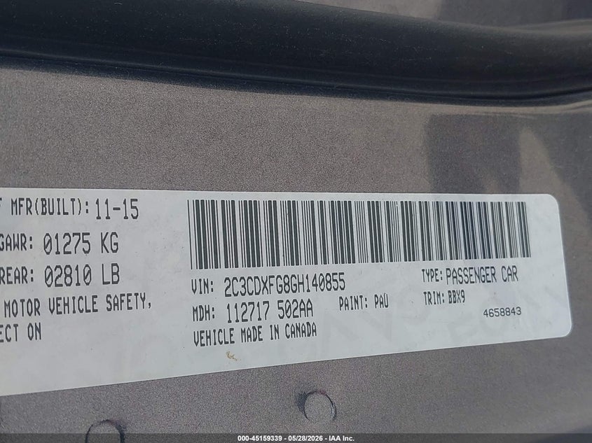 2016 Dodge Charger VIN 2C3CDXFG8GH140855 IAAI salvage auction — REPOSSESSION, Salvage Title, sold $3,000 on 2026-07-06 (photo 9)
