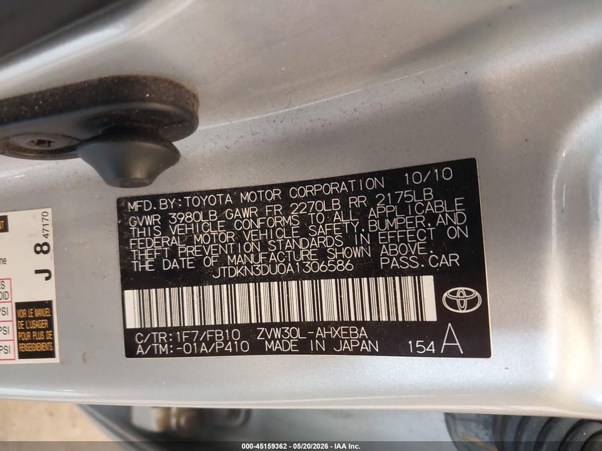 2010 Toyota Prius VIN JTDKN3DU0A1306586 IAAI salvage auction — FRONT & REAR, Clear (Michigan), sold $425 on 2026-07-28 (photo 9)