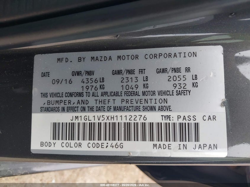 2017 Mazda 6 VIN JM1GL1V5XH1112276 IAAI salvage auction — REAR END, Salvage (Texas), sold $1,800 on 2026-07-09 (photo 9)