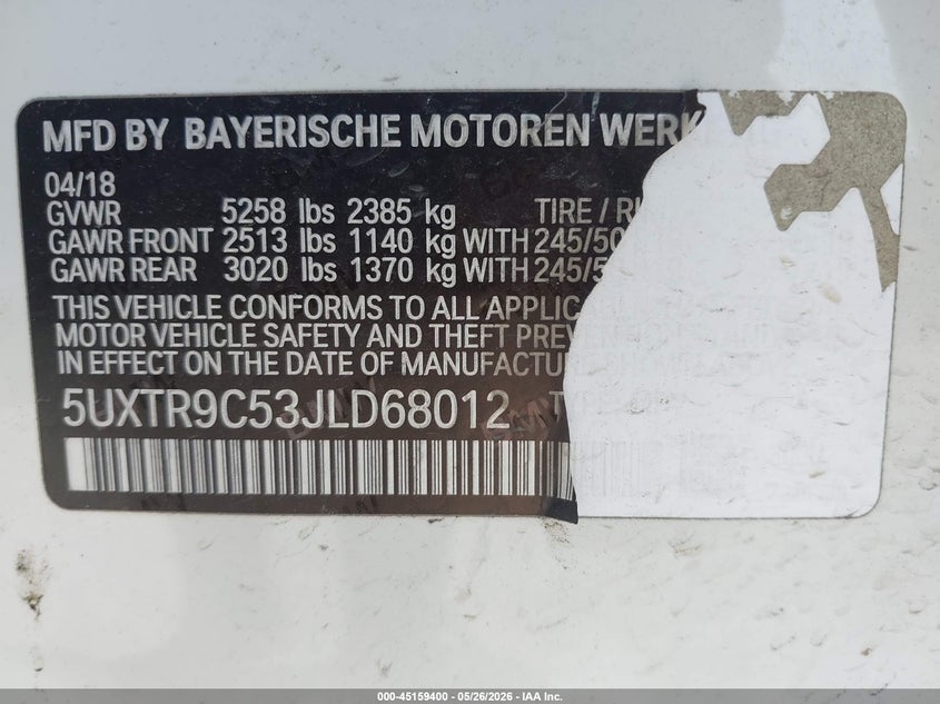 2018 BMW X3 VIN 5UXTR9C53JLD68012 IAAI salvage auction — FRONT END, Original (Texas), sold $5,500 on 2026-07-08 (photo 9)