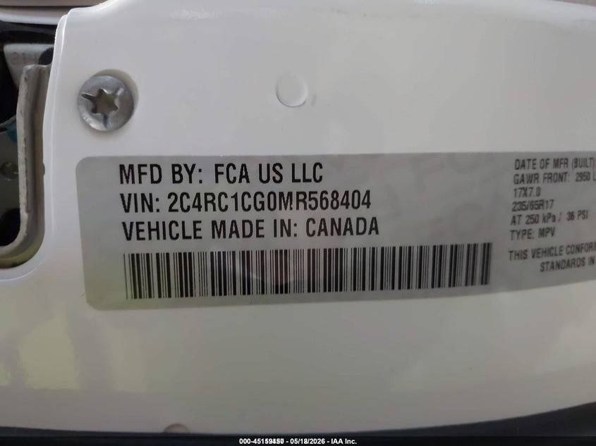 2021 Chrysler Voyager VIN 2C4RC1CG0MR568404 IAAI salvage auction — FRONT END, Sf97 (Kansas), sold $15,050 on 2026-07-09 (photo 9)
