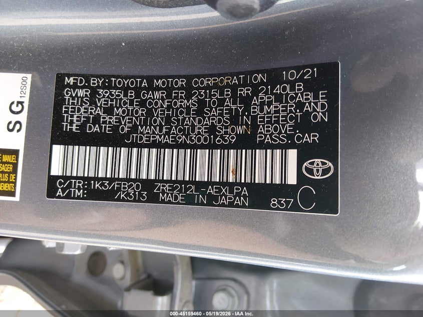 2022 Toyota Corolla VIN JTDEPMAE9N3001639 IAAI salvage auction — REAR END, Salvage (Illinois), sold $3,800 on 2026-07-15 (photo 9)