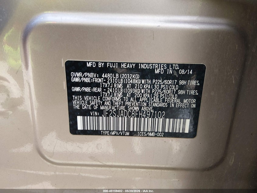2015 Subaru Forester VIN JF2SJADC8FH497102 IAAI salvage auction — FRONT END, Junk Bill Of Sale Mv2459 (Wisconsin), sold $325 on 2026-07-29 (photo 9)
