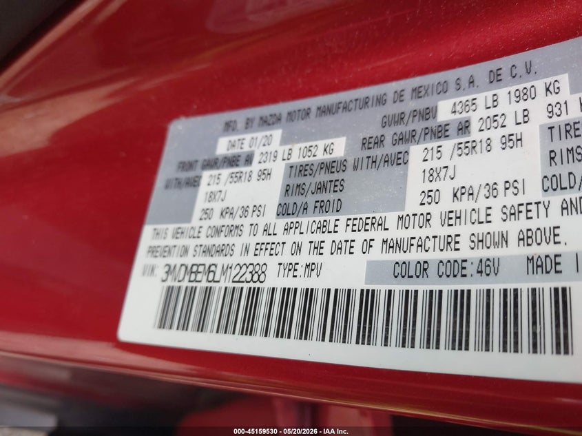 2020 Mazda Cx-30 VIN 3MVDMBEM6LM122388 IAAI salvage auction — FRONT END, Salvage (Wisconsin), sold $3,200 on 2026-07-19 (photo 9)