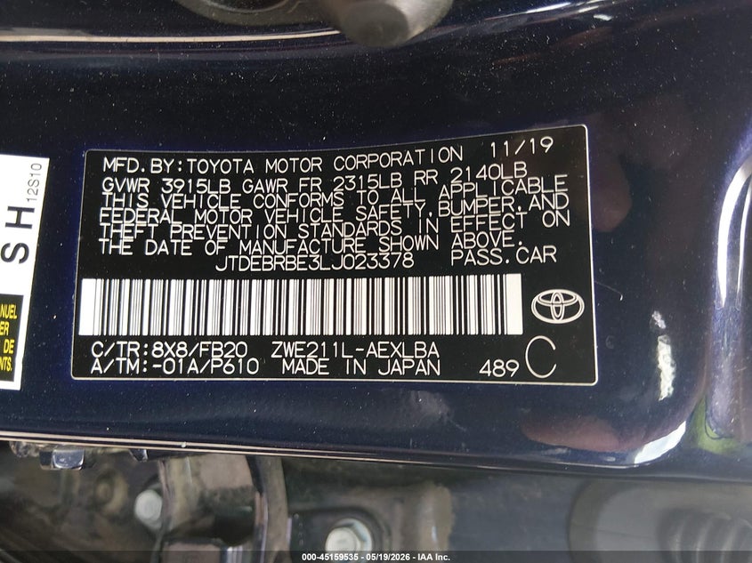 2020 Toyota Corolla VIN JTDEBRBE3LJ023378 IAAI salvage auction — FRONT END, Salvage (Illinois), sold $4,550 on 2026-07-22 (photo 9)