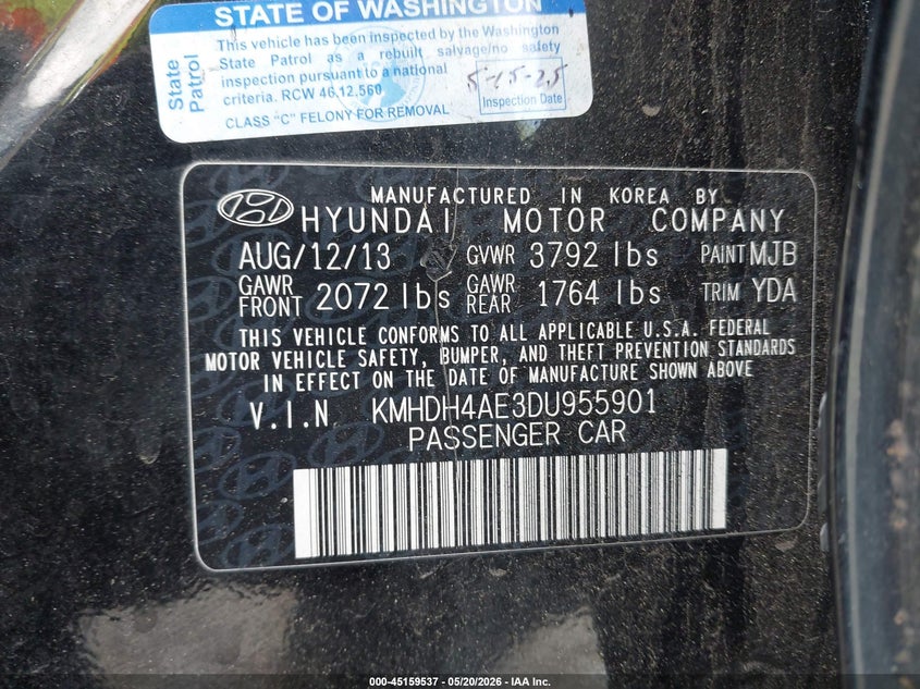 2013 Hyundai Elantra VIN KMHDH4AE3DU955901 IAAI salvage auction — ROLLOVER, Bill Of Sale (Washington), sold $275 on 2026-07-22 (photo 9)