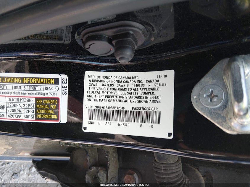 2011 Honda Civic VIN 2HGFA1F50BH532686 IAAI salvage auction — FRONT END, Salvage - Greater Than 75% (Maryland), sold $1,000 on 2026-07-24 (photo 9)