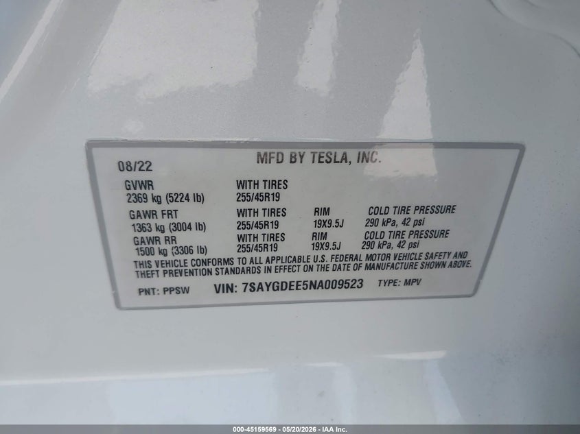 2022 Tesla Model y VIN 7SAYGDEE5NA009523 IAAI salvage auction — REAR END, Salvage (Georgia), sold $11,250 on 2026-07-16 (photo 9)