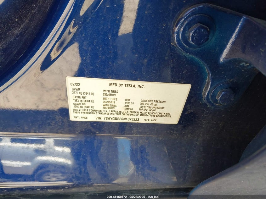 2022 Tesla Model y VIN 7SAYGDEE0NF373223 IAAI salvage auction — FRONT END, Salvage Title, sold $5,400 on 2026-07-09 (photo 9)