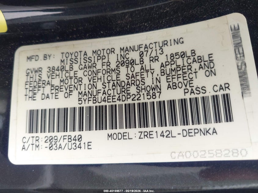 2013 Toyota Corolla VIN 5YFBU4EE4DP221587 IAAI salvage auction — FRONT END, Original (Texas), sold $2,050 on 2026-07-09 (photo 9)