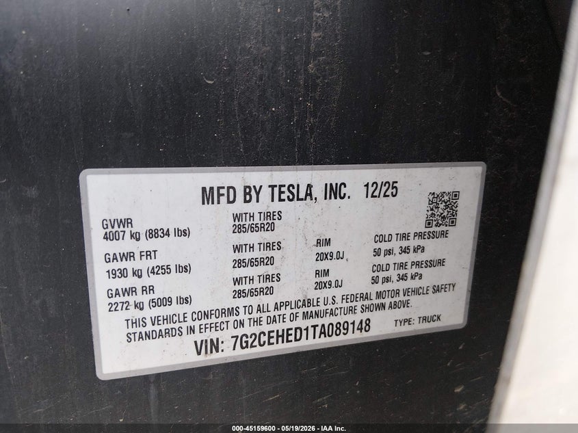 2026 Tesla Cybertruck VIN 7G2CEHED1TA089148 IAAI salvage auction — ALL OVER, Salvage (Pennsylvania), sold $13,050 on 2026-07-07 (photo 9)
