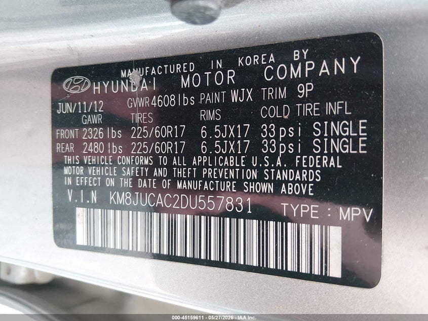 2013 Hyundai Tucson VIN KM8JUCAC2DU557831 IAAI salvage auction — NORMAL WEAR, Clear (Georgia), sold $1,150 on 2026-07-13 (photo 9)
