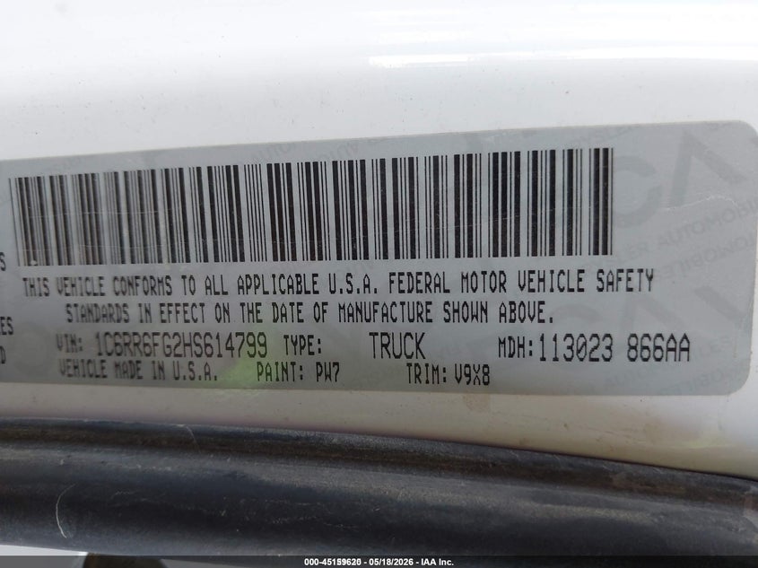 2017 Ram 1500 VIN 1C6RR6FG2HS614799 IAAI salvage auction — FRONT & REAR, SF97 (Kansas), sold $9,650 on 2026-07-09 (photo 9)