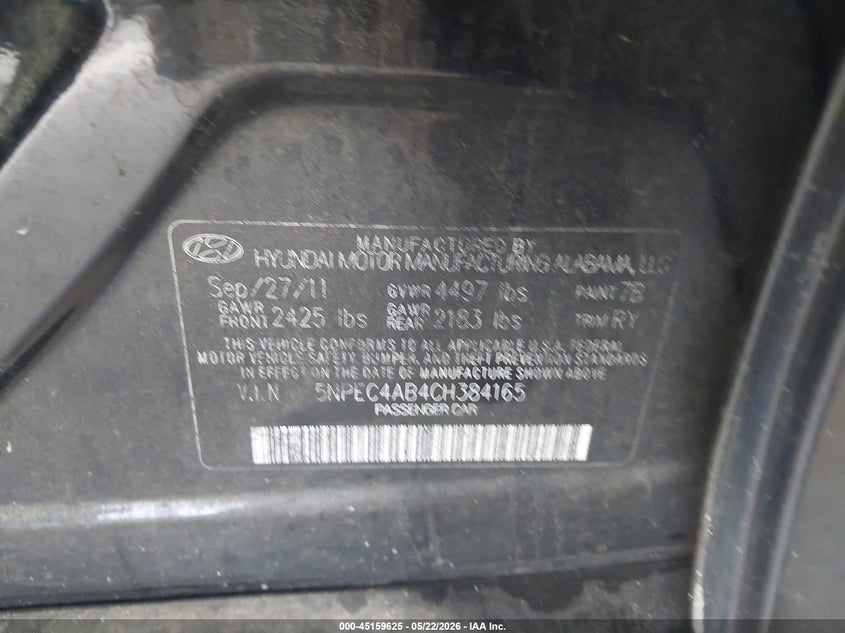 2012 Hyundai Sonata VIN 5NPEC4AB4CH384165 IAAI salvage auction — RIGHT FRONT, Salvage (Idaho), sold $275 on 2026-07-09 (photo 9)