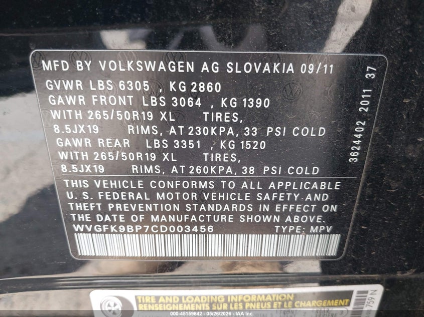 2012 Volkswagen Touareg VIN WVGFK9BP7CD003456 IAAI salvage auction — FRONT END, Salvage Title, sold $925 on 2026-07-22 (photo 9)