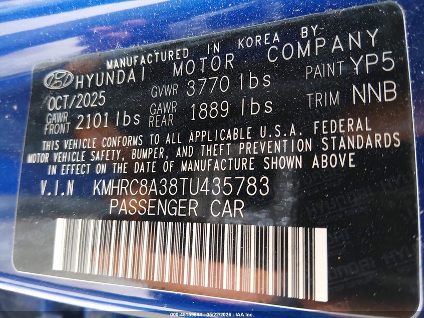 2026 Hyundai Venue VIN KMHRC8A38TU435783 IAAI salvage auction — REAR END, Clear (Indiana), sold $8,350 on 2026-07-29 (photo 9)