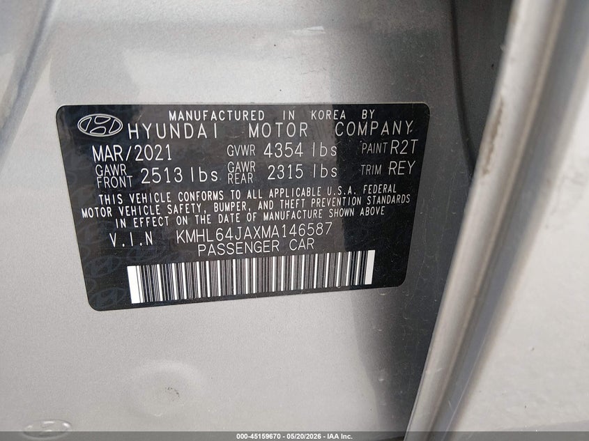 2021 Hyundai Sonata VIN KMHL64JAXMA146587 IAAI salvage auction — REAR END, Salvage (Kansas), sold $4,950 on 2026-07-15 (photo 9)