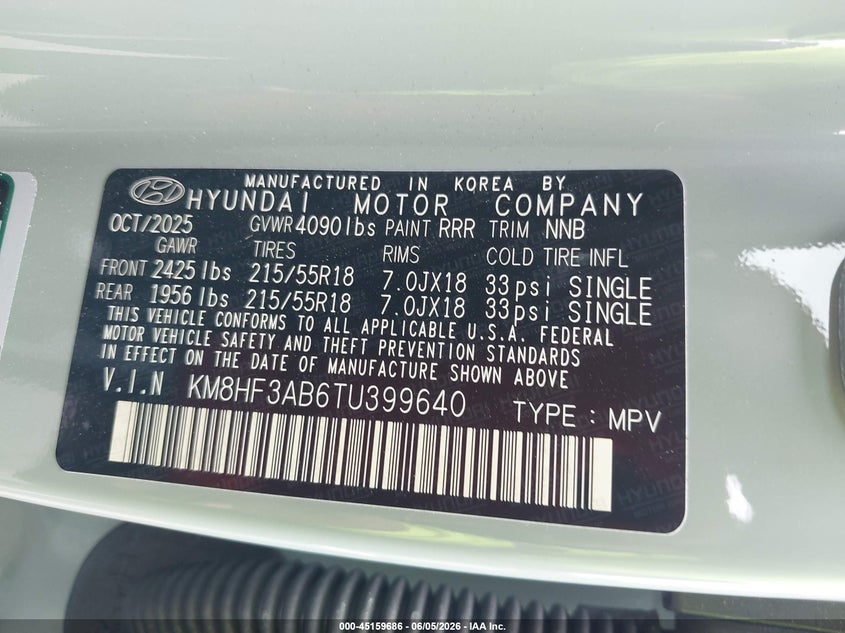 2026 Hyundai Kona VIN KM8HF3AB6TU399640 IAAI salvage auction — REAR END, Rebuildable (Florida), sold $4,450 on 2026-07-30 (photo 9)