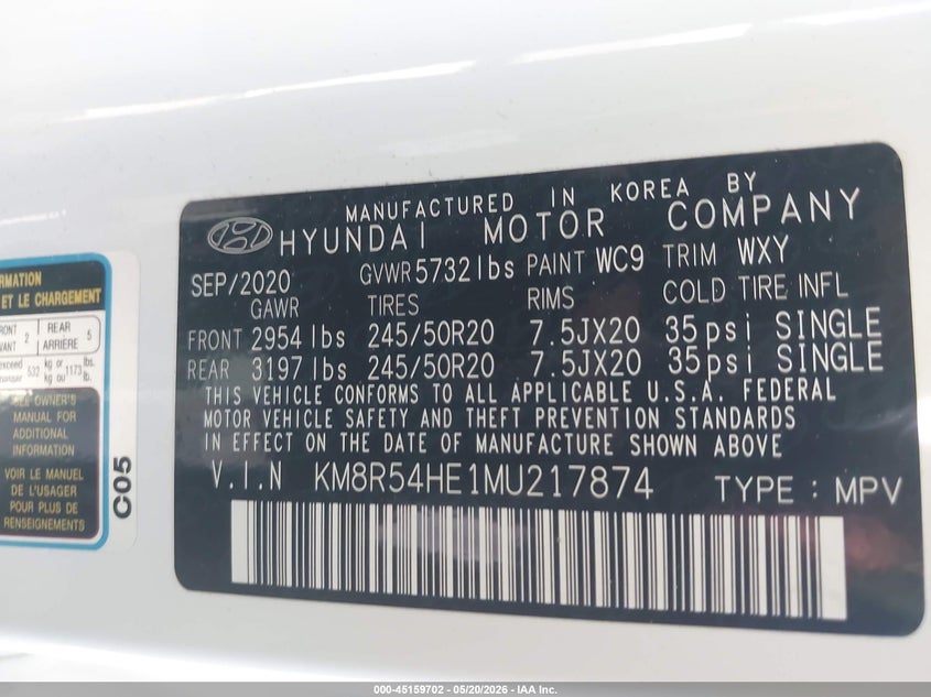 2021 Hyundai Palisade VIN KM8R54HE1MU217874 IAAI salvage auction — LEFT FRONT, Salvage (North Carolina), sold $6,400 on 2026-07-17 (photo 9)