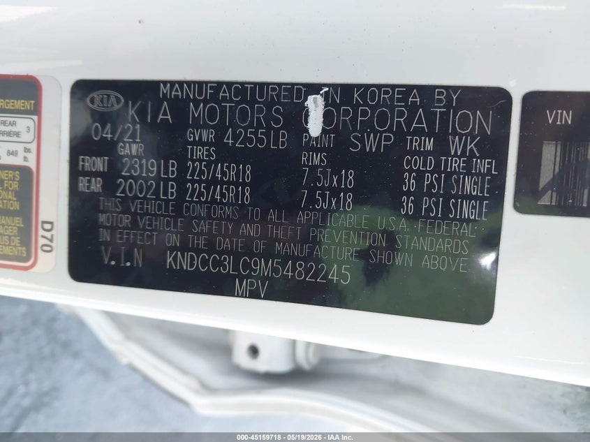2021 Kia Niro VIN KNDCC3LC9M5482245 IAAI salvage auction — FRONT END, Salvage Certificate (California), sold $3,150 on 2026-07-08 (photo 9)