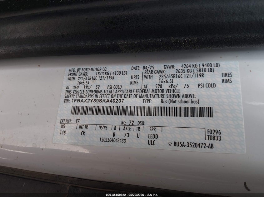 2025 Ford Transit-350 VIN 1FBAX2Y89SKA40207 IAAI salvage auction — SIDE, Enterprise Vehicles Clear Only (Texas), sold $12,100 on 2026-07-29 (photo 9)