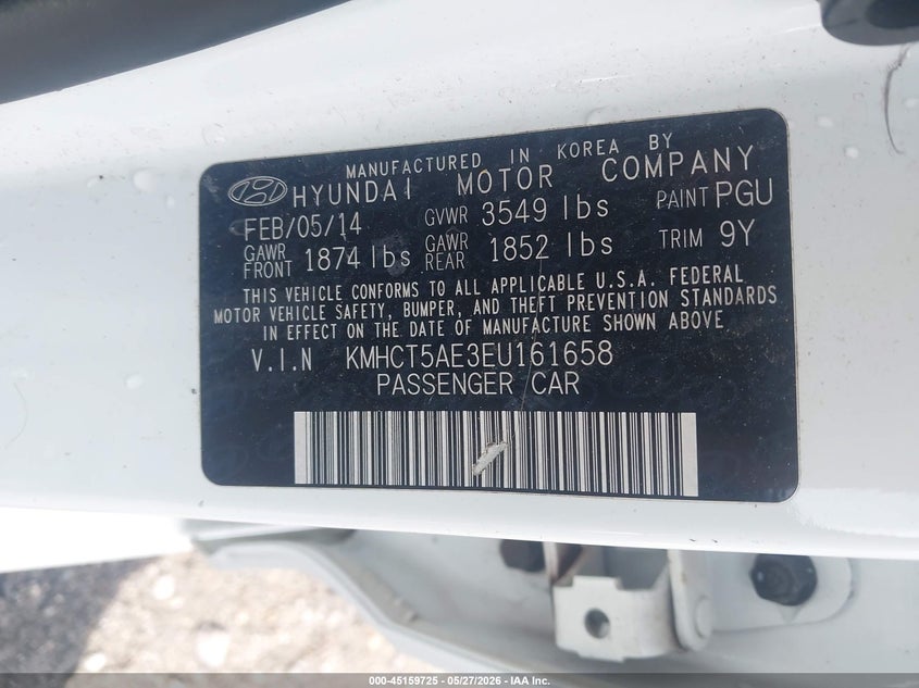 2014 Hyundai Accent VIN KMHCT5AE3EU161658 IAAI salvage auction — FRONT END, Salvage Title, sold $100 on 2026-07-15 (photo 9)