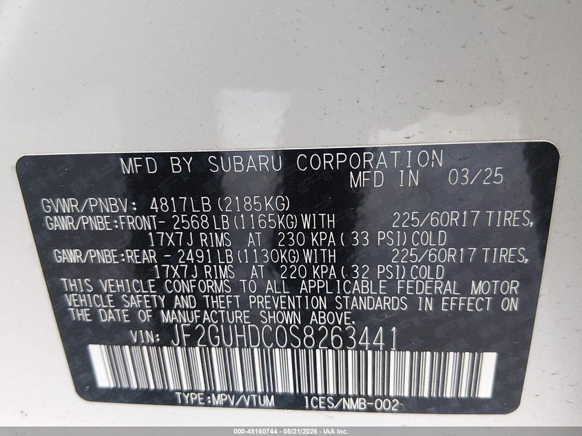 2025 Subaru Xv VIN JF2GUHDC0S8263441 IAAI salvage auction — FRONT END, Salvage Title, sold $3,400 on 2026-07-27 (photo 9)