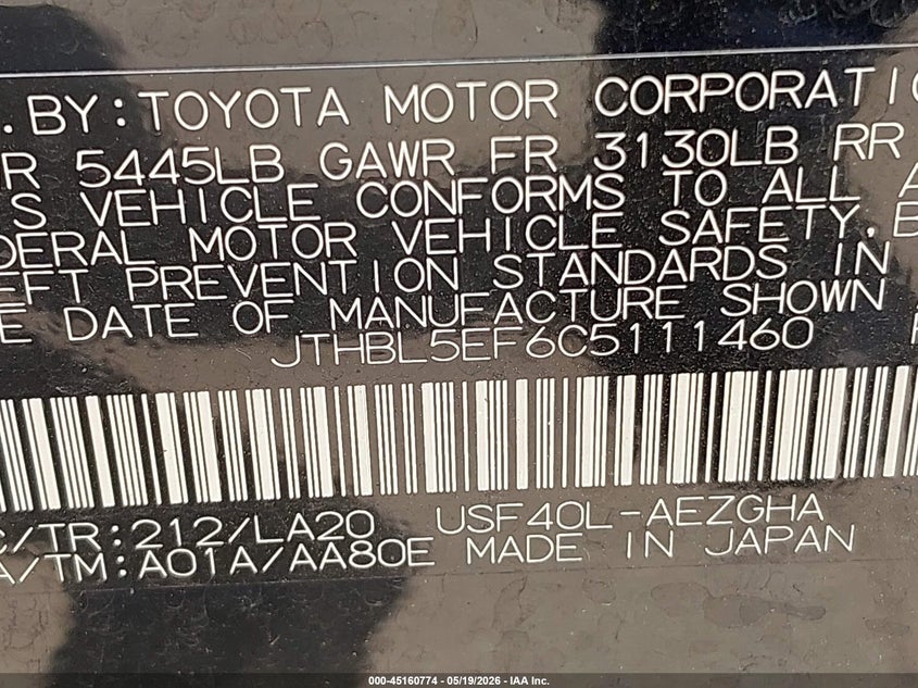 2012 Lexus Ls VIN JTHBL5EF6C5111460 IAAI salvage auction — REAR END, Salvage (Texas), sold $4,000 on 2026-07-31 (photo 9)