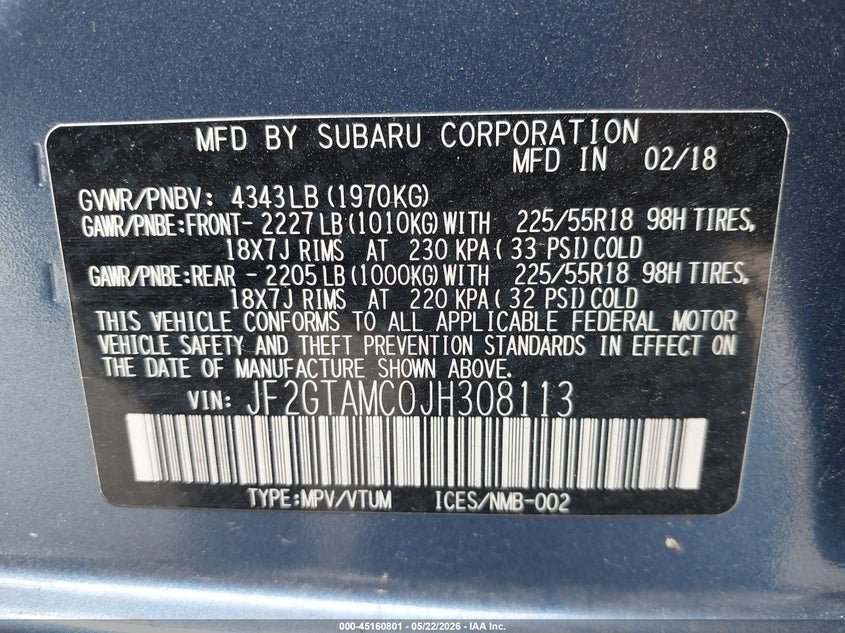 2018 Subaru VIN JF2GTAMC0JH308113 IAAI salvage auction — FRONT END, Original (Texas), sold $7,550 on 2026-07-22 (photo 9)