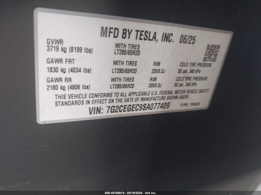 2025 Tesla Cybertruck VIN 7G2CEGEC9SA077409 IAAI salvage auction — LEFT FRONT, Salvage (Nevada), sold $24,700 on 2026-07-01 (photo 9)