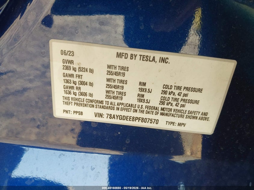 2023 Tesla Model y VIN 7SAYGDEE8PF807570 IAAI salvage auction — LEFT FRONT, Salvage (California), sold $25 on 2026-07-30 (photo 9)