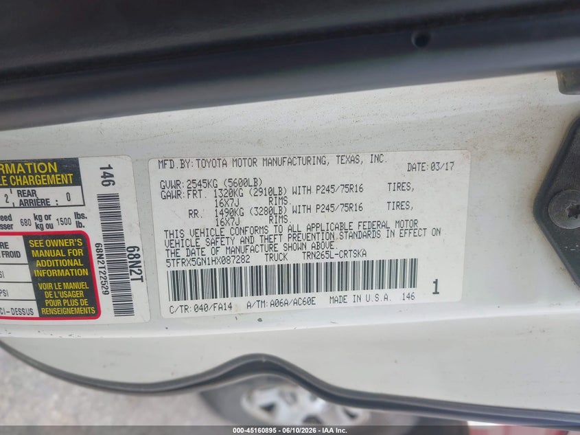 2017 Toyota Tacoma VIN 5TFRX5GN1HX087282 IAAI salvage auction — FRONT END, Clear (Missouri), sold $3,700 on 2026-07-15 (photo 9)