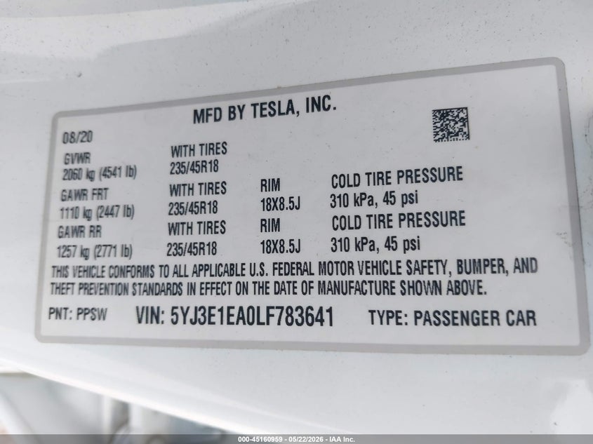 2020 Tesla Model 3 VIN 5YJ3E1EA0LF783641 IAAI salvage auction — FRONT END, Salvage Title, sold $5,100 on 2026-08-01 (photo 9)