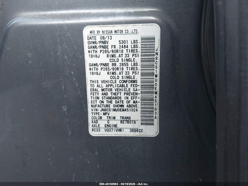 2014 Infiniti Qx70 VIN JN8CS1MU0EM451024 IAAI salvage auction — NORMAL WEAR, Clear (Florida), sold $675 on 2026-07-08 (photo 9)