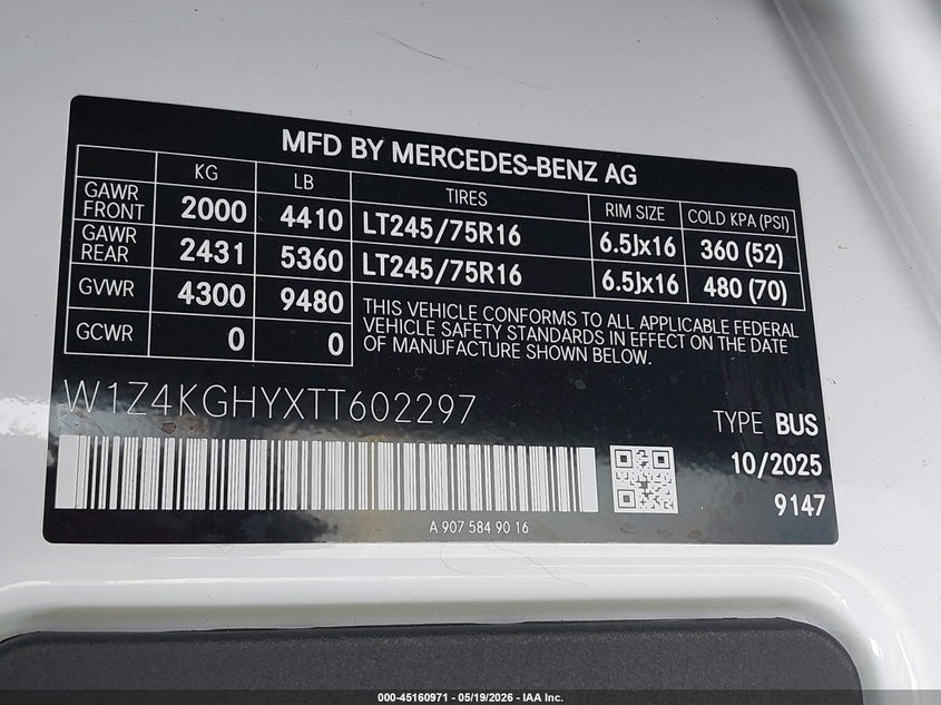 2026 Mercedes-benz Sprinter VIN W1Z4KGHYXTT602297 IAAI salvage auction — All Over, Enterprise Vehicles Clear Only (Florida), sold $24,600 on 2026-05-29 (photo 9)