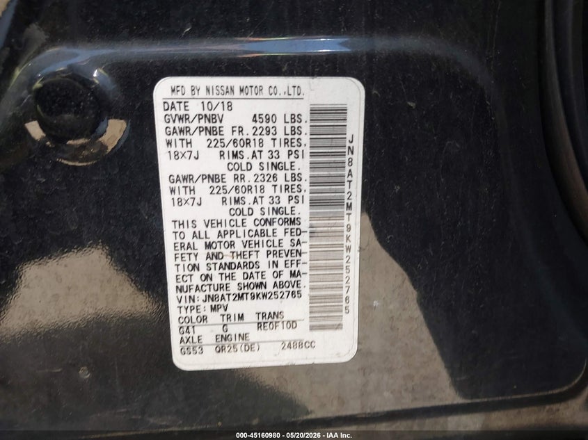 2019 Nissan Rogue VIN JN8AT2MT9KW252765 IAAI salvage auction — LEFT FRONT, Salvage (California), sold $2,200 on 2026-07-08 (photo 9)