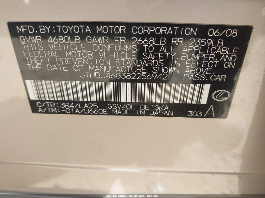 2008 Lexus Es 350 VIN JTHBJ46G382256942 IAAI salvage auction — FRONT & REAR, Salvage (Idaho), sold $425 on 2026-07-06 (photo 9)