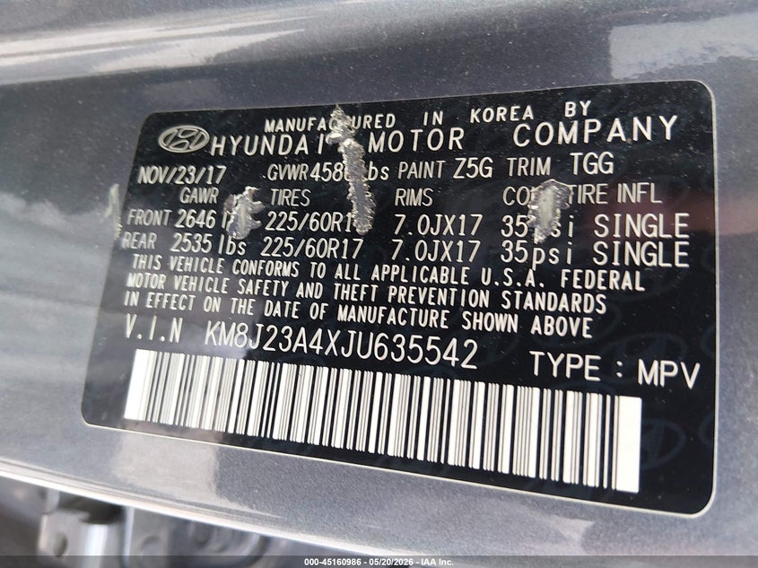 2018 Hyundai Tucson VIN KM8J23A4XJU635542 IAAI salvage auction — FRONT END, Salvage (South Carolina), sold $800 on 2026-07-21 (photo 9)