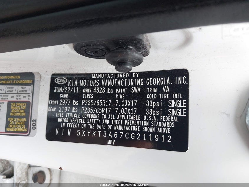 2012 Kia Sorento VIN 5XYKT3A67CG211912 IAAI salvage auction — FRONT END, Salvage (Ohio), sold $650 on 2026-07-28 (photo 9)