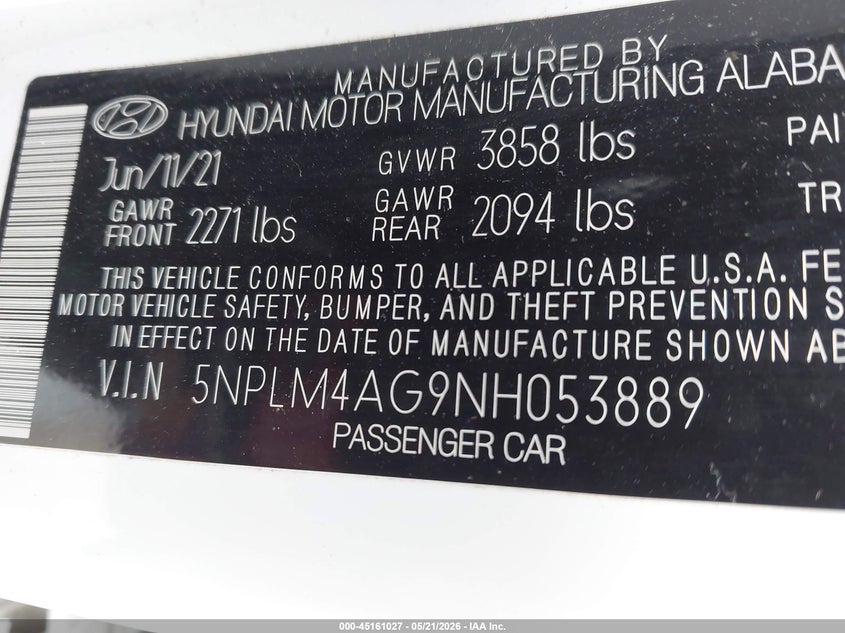 2022 Hyundai Elantra VIN 5NPLM4AG9NH053889 IAAI salvage auction — FRONT END, Mv-907A (New York), sold $2,700 on 2026-07-28 (photo 9)