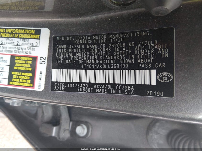 2020 Toyota Camry VIN 4T1G11AK0LU369189 IAAI salvage auction — FRONT END, Salvage Title, sold $4,300 on 2026-07-29 (photo 9)