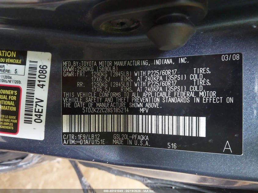 2008 Toyota Sienna VIN 5TDZK22C28S185214 IAAI salvage auction — NORMAL WEAR, Clear (Texas), sold $700 on 2026-07-14 (photo 9)