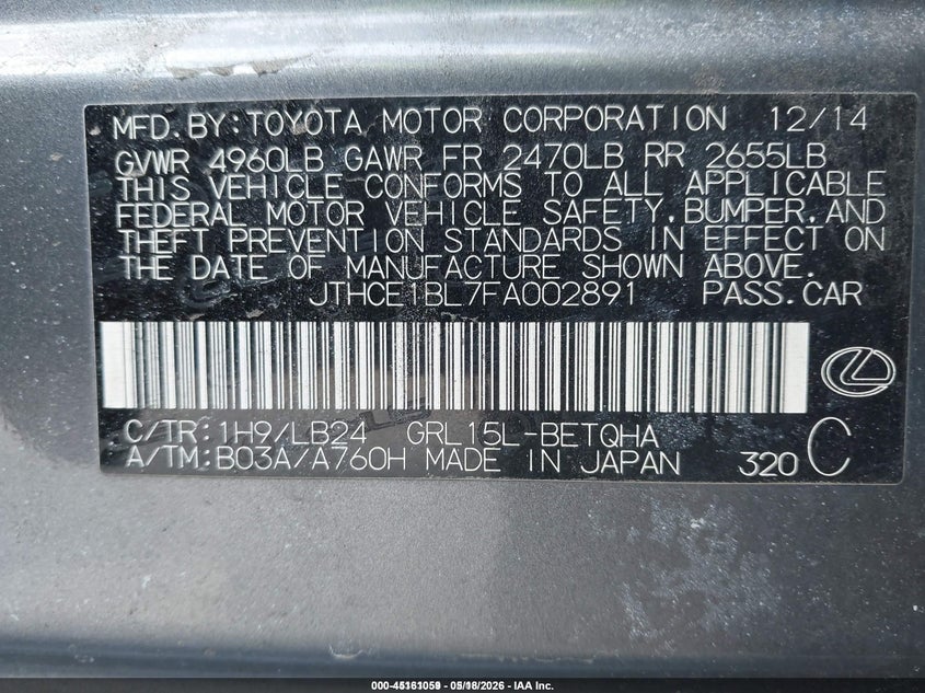 2015 Lexus Gs VIN JTHCE1BL7FA002891 IAAI salvage auction — UNKNOWN, Salvage (Idaho), sold $1,550 on 2026-07-28 (photo 9)